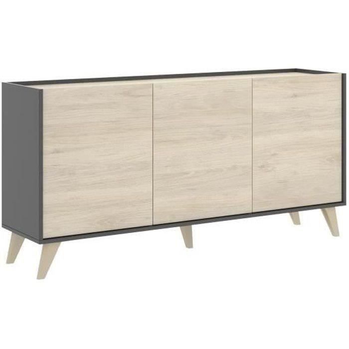 Moderne dressoir met 3 deuren - Grafiet en eiken decor - L 155 x D 43 x H 75 cm - NESS