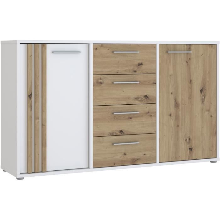 DRESSOIR CARDIGAN 2 deuren, 4 laden - Artisan eiken en wit decor - L142,6 x D34,2 x H82,3 cm - Metalen handgrepen met aluminium effect