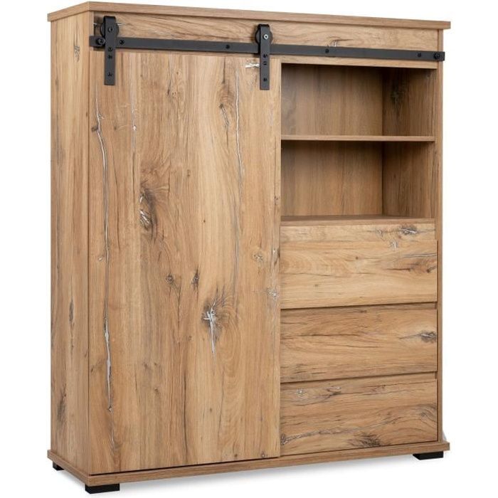 MANZANO dressoir - Flagstaff eiken decor - 1 schuifdeur + 3 laden + 2 nissen - L120 x H140 x D40 cm