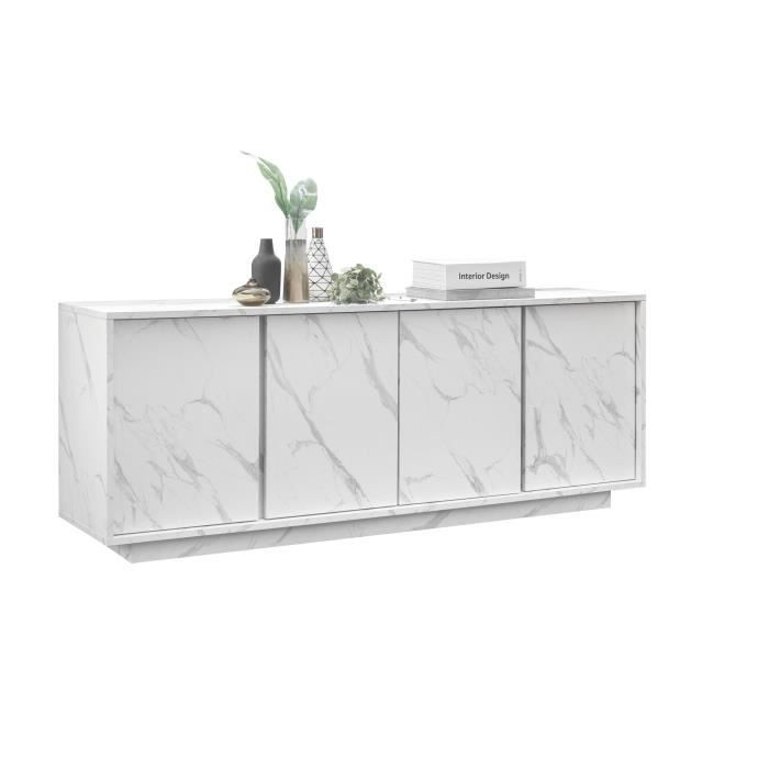 Dressoir met 4 deuren - Wit marmer - L 180 x D 43 x H 70 Cm - MARMO