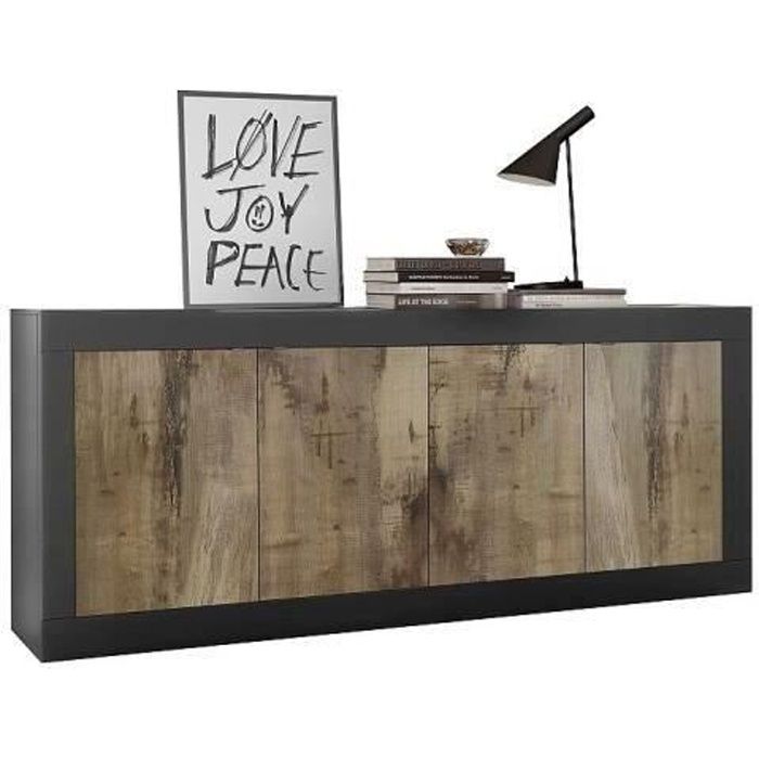 Basico -buffet - Mat Zwart en Eiken Peer Decor - 4 deuren - L 207 x D 43 x H 86 cm