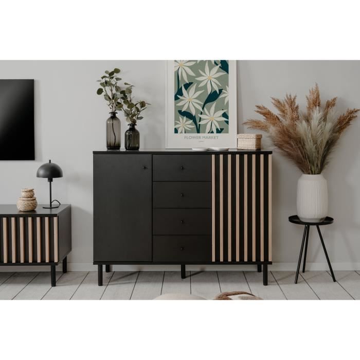 Dressoir - MONZA 01B - Zwart / Artisan eiken - 2 deuren - 4 laden - 118 x 90 x 40 cm
