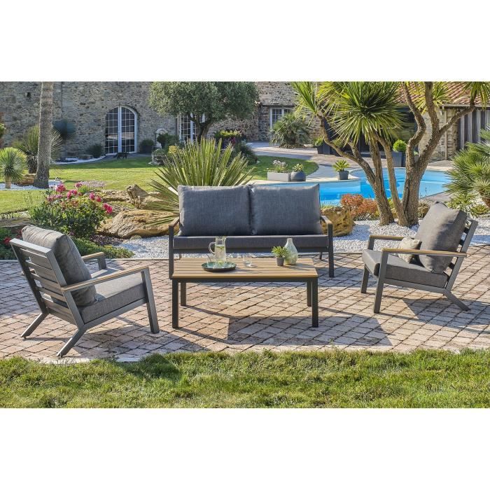 Lage tuinmeubelen - Aluminium - DCB GARDEN - 5 plaatsen - Antracietgrijs en polywood - KOMMOS