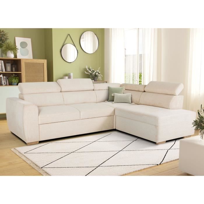 KELIO Omkeerbare hoekbank - 4 plaatsen - Beige ribfluweel stof - 245 x 184 x 87cm
