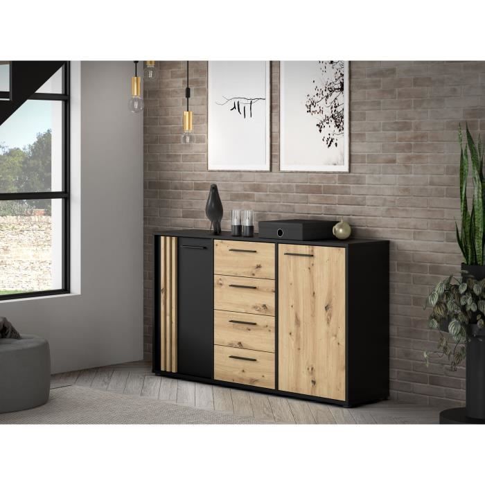 DRESSOIR CARDIGAN 2 deuren, 4 laden - Ambachtelijk eiken en zwart decor - L142,6 x D34,2 x H82,3 cm - Zwarte metalen handgrepen