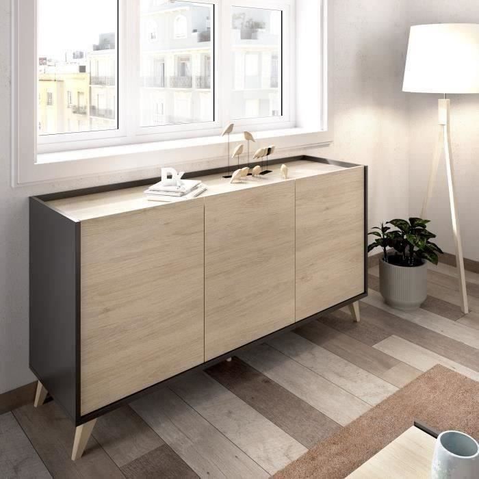 Moderne dressoir met 3 deuren - Grafiet en eiken decor - L 155 x D 43 x H 75 cm - NESS