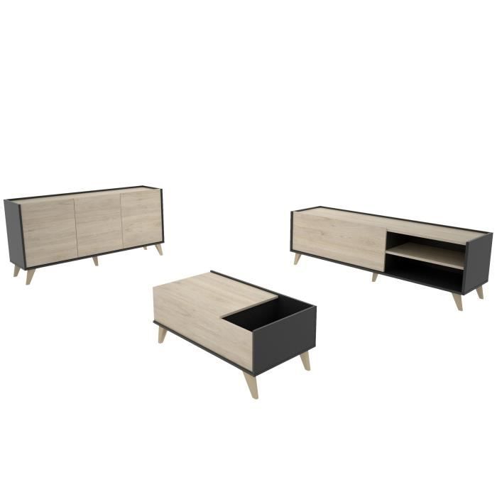 Tv-meubel set met 2 kleppen + dressoir 3 deuren + salontafel - Natuurlijk eiken en grafiet - NESS