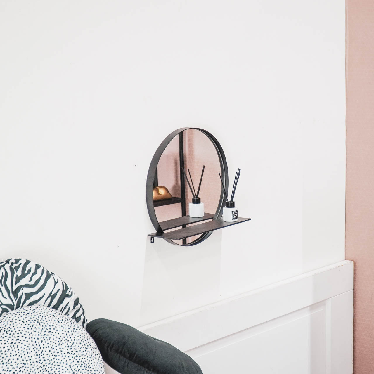 HV Ronde Metalen Spiegel met Plank - Zwart - Ø40cm