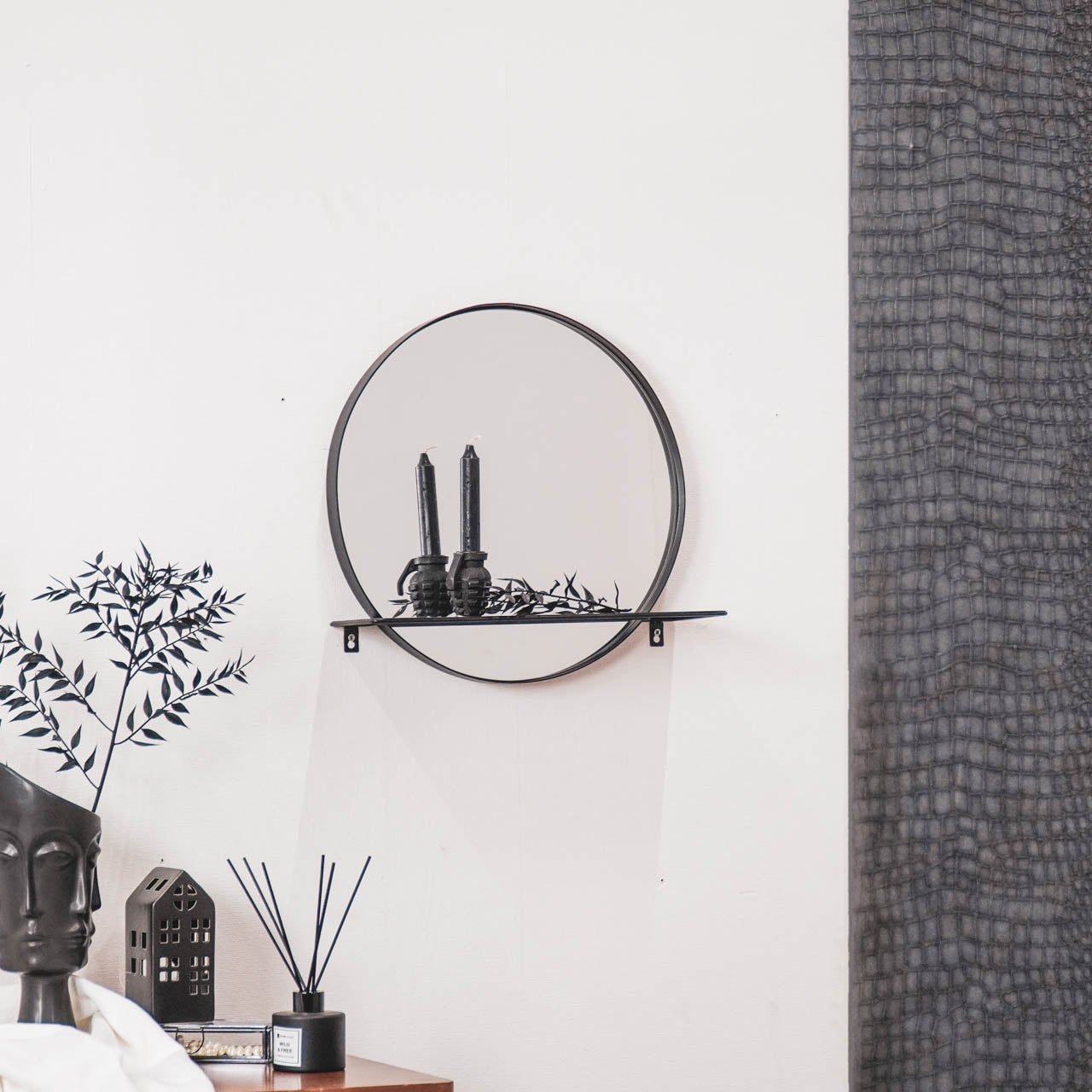 HV Ronde Metalen Spiegel met Plank - Zwart - Ø40cm