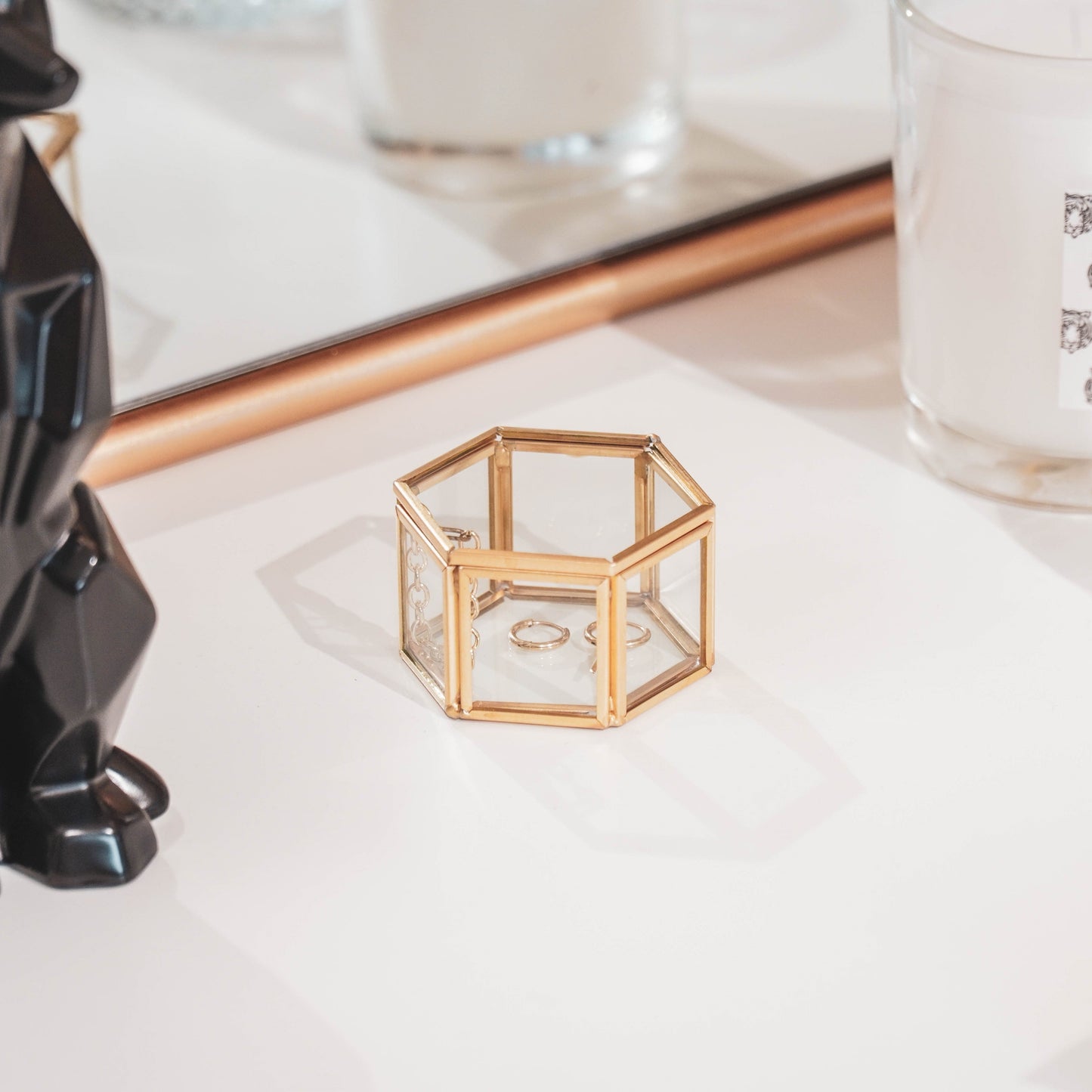 Opbergdoos - Zeshoek - Metaal/Glas - Goud - 6x5,5x3,5cm