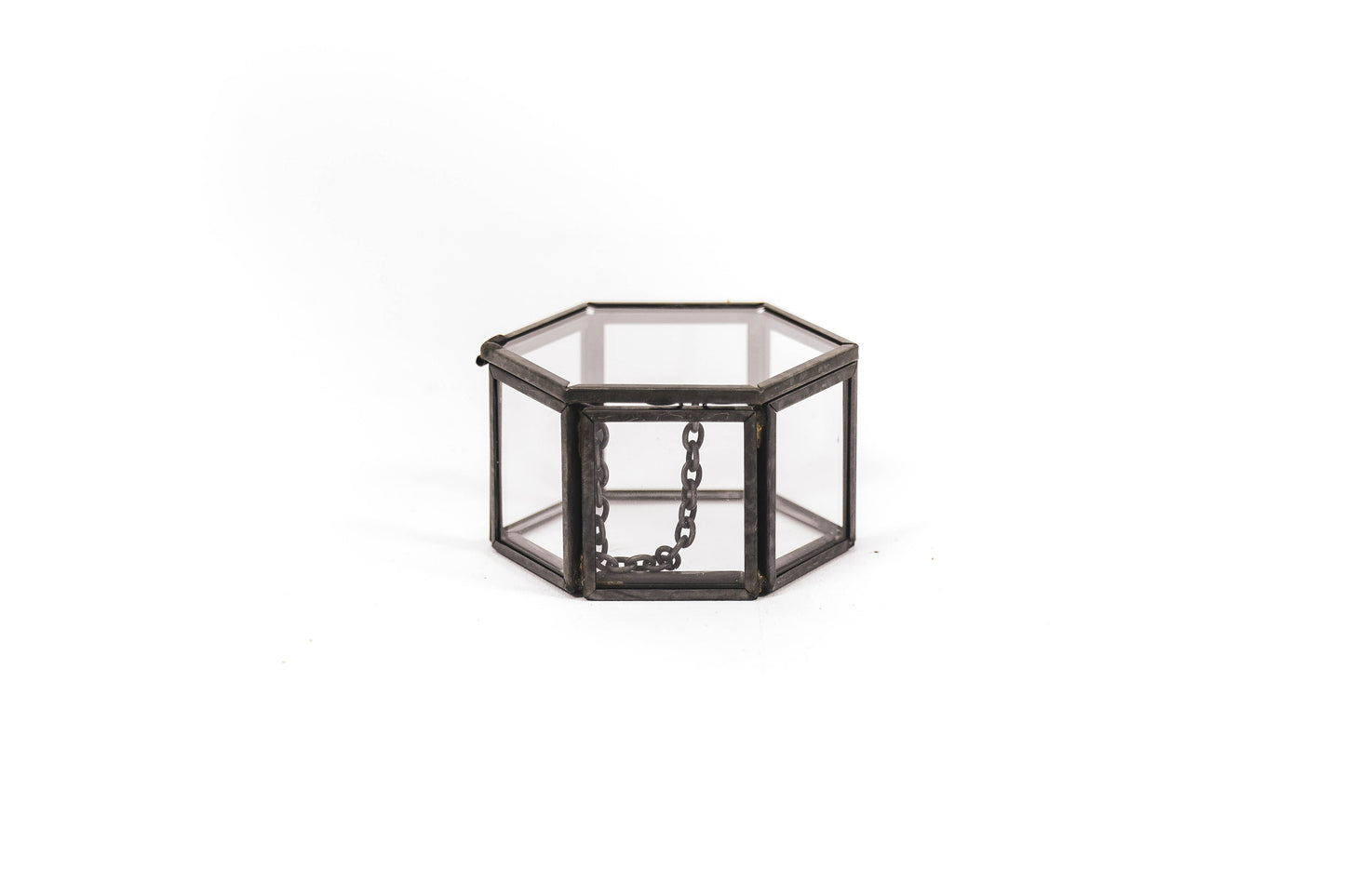 Opbergdoos - Zeshoek - Metaal/Glas - Zwart - 6x5,5x3,5cm