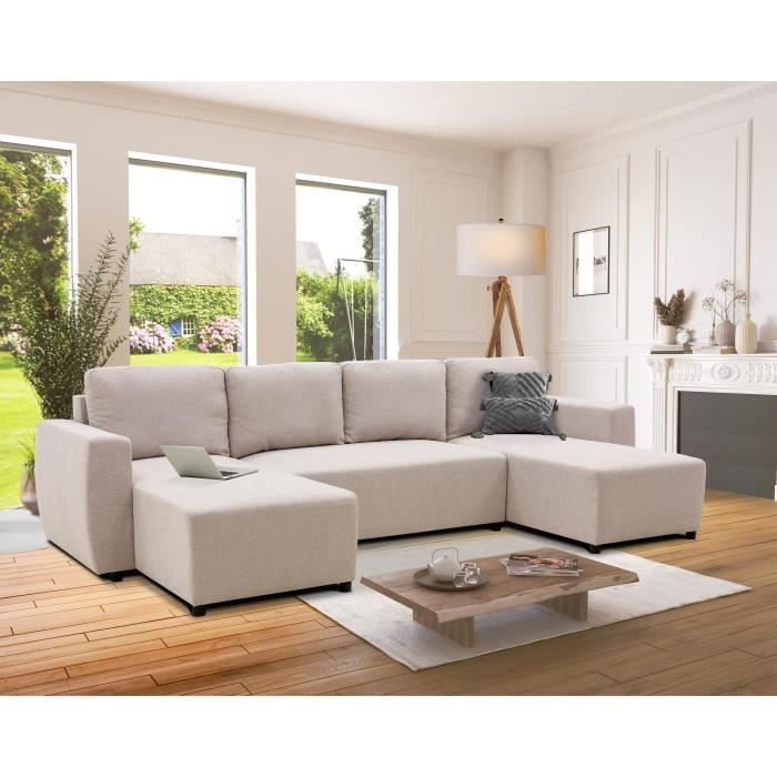 PHARELL 5/6-zits panoramische converteerbare hoekbank - Beige stof - Opbergdoos - L297 x D155 x H71/85 cm