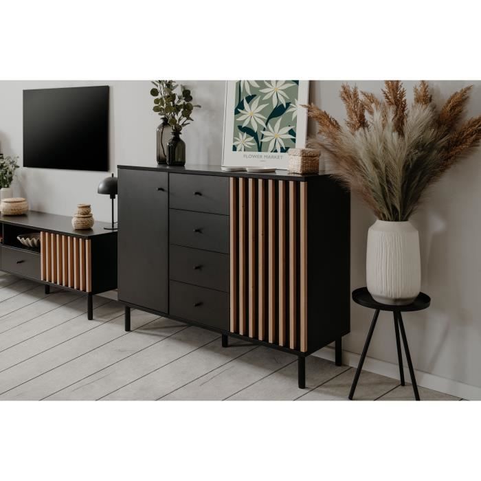 Dressoir - MONZA 01B - Zwart / Artisan eiken - 2 deuren - 4 laden - 118 x 90 x 40 cm