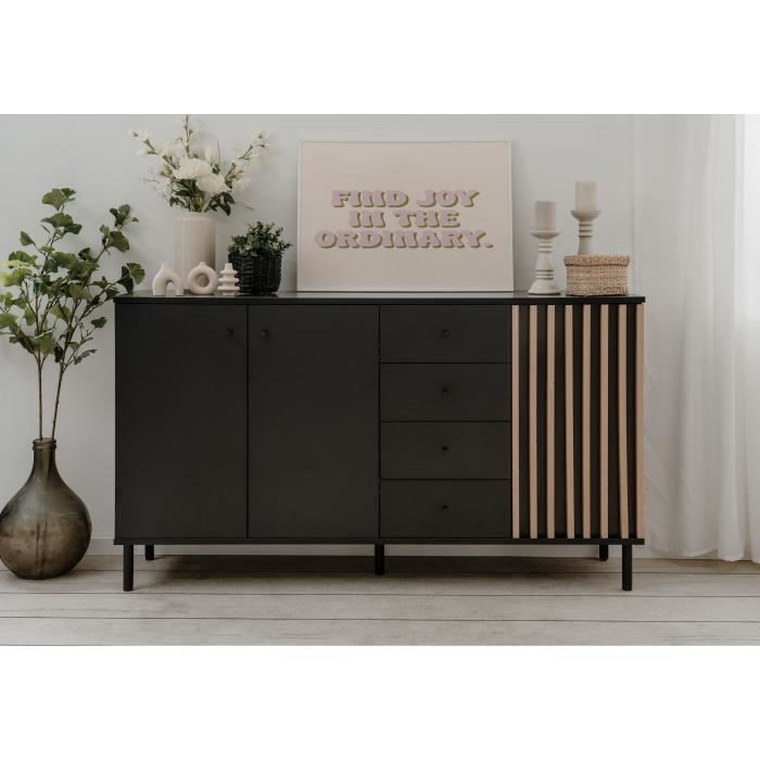 Dressoir - MONZA - Zwart decor / ambachtelijk eikenhout - 3 deuren - 4 laden - 160 x 90 x 40 cm
