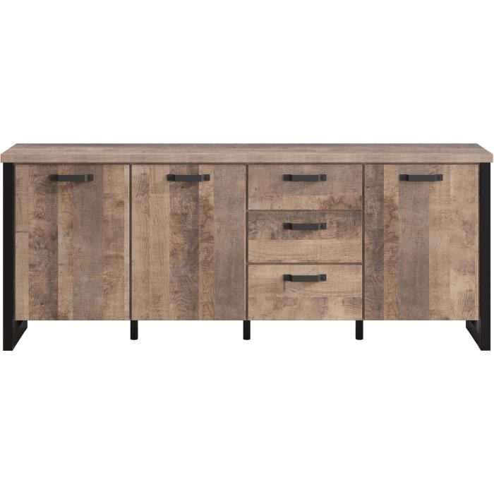 EMILE dressoir - Tabaksbruin eiken en matzwarte melamine - 3 deuren + 3 lades - L214 x D45 x H86 cm - TRENDTEAM