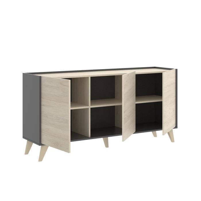 Moderne dressoir met 3 deuren - Grafiet en eiken decor - L 155 x D 43 x H 75 cm - NESS