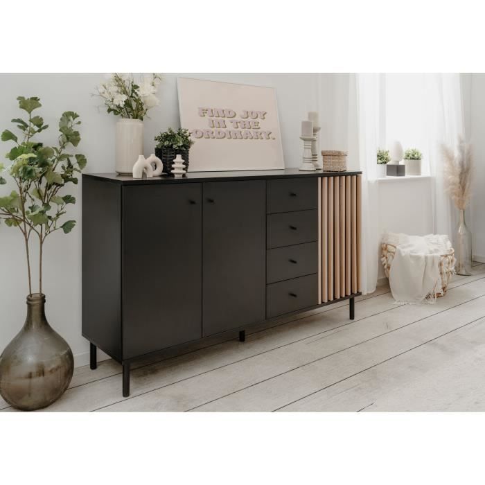 Dressoir - MONZA - Zwart decor / ambachtelijk eikenhout - 3 deuren - 4 laden - 160 x 90 x 40 cm