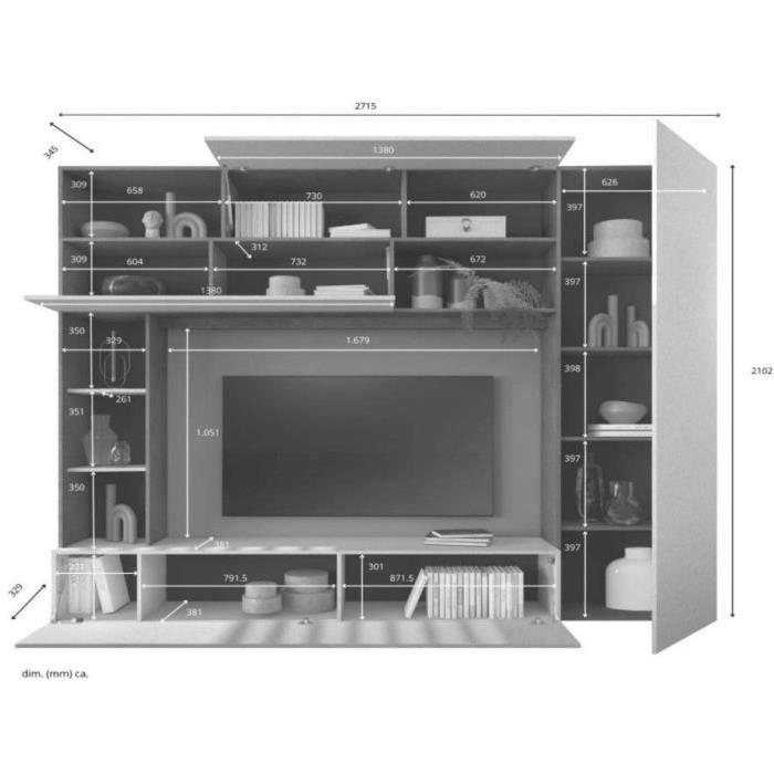 TV-wandmeubel - PRATO - Steenlook grijs - 277 x 40 x 210 cm