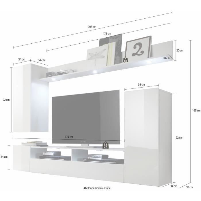 DOS TV-meubelset - 3 Deuren - LED - Mat en glanzend wit melamine - L208 x D33 x H165 cm