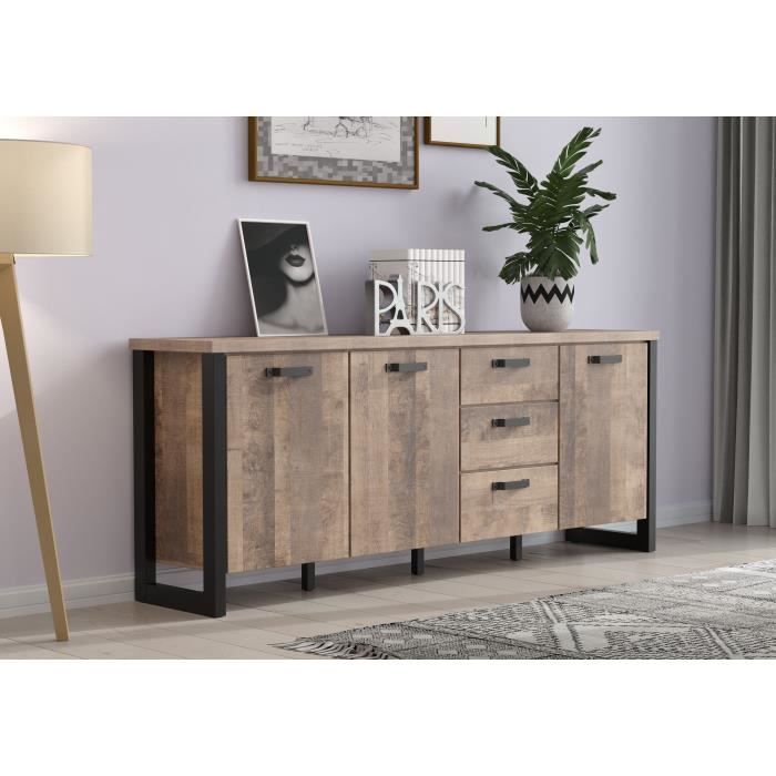 EMILE dressoir - Tabaksbruin eiken en matzwarte melamine - 3 deuren + 3 lades - L214 x D45 x H86 cm - TRENDTEAM