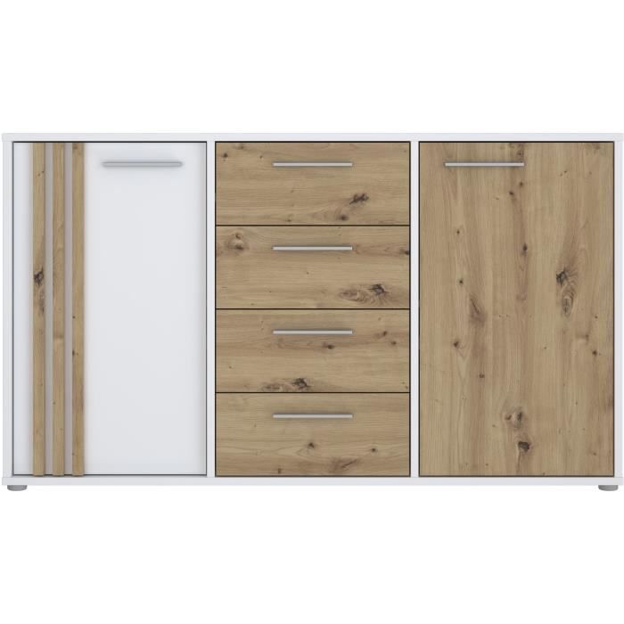 DRESSOIR CARDIGAN 2 deuren, 4 laden - Artisan eiken en wit decor - L142,6 x D34,2 x H82,3 cm - Metalen handgrepen met aluminium effect