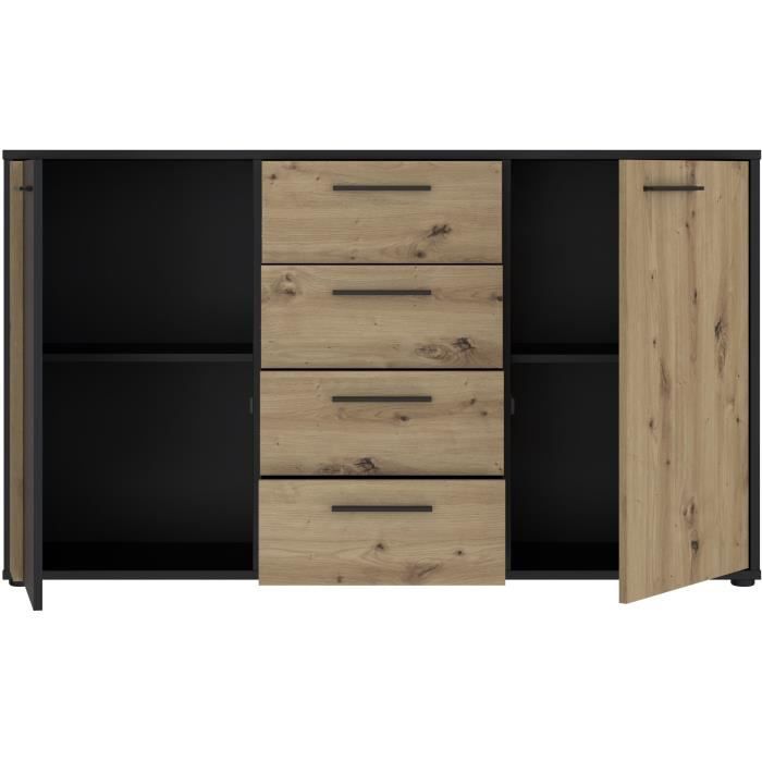 DRESSOIR CARDIGAN 2 deuren, 4 laden - Ambachtelijk eiken en zwart decor - L142,6 x D34,2 x H82,3 cm - Zwarte metalen handgrepen