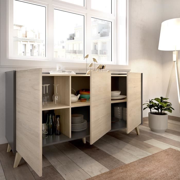Moderne dressoir met 3 deuren - Grafiet en eiken decor - L 155 x D 43 x H 75 cm - NESS