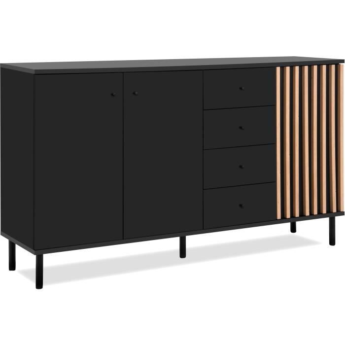 Dressoir - MONZA - Zwart decor / ambachtelijk eikenhout - 3 deuren - 4 laden - 160 x 90 x 40 cm