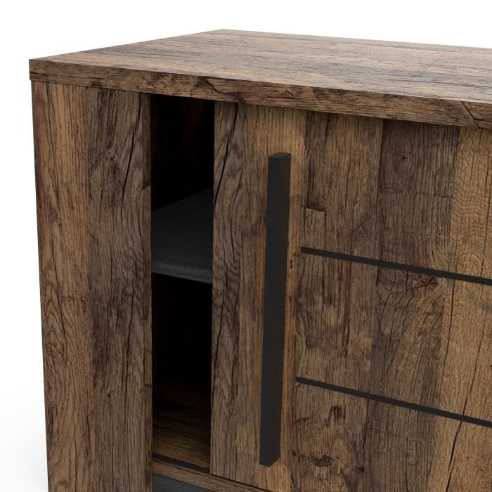 MONACO TV-meubel - 2 schuifdeuren + 3 planken - Eiken en zwart houtdecor - L184,5 x D42,3 x H51,8 cm - DEMEYERE