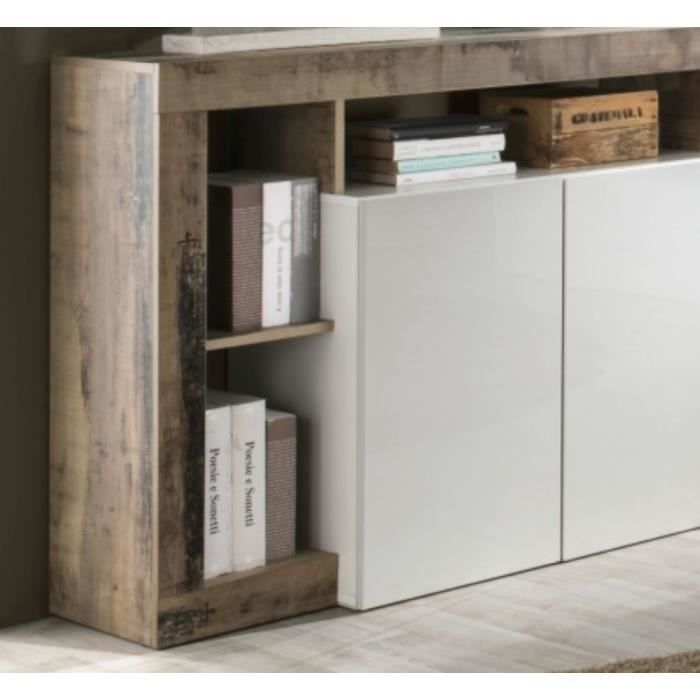 Dressoir met 4 deuren - glanzend gelakt wit en vintage houtimitatie - L 184 x D 42 x H 93 cm - MAESTRO