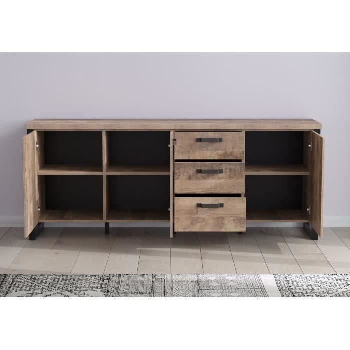 EMILE dressoir - Tabaksbruin eiken en matzwarte melamine - 3 deuren + 3 lades - L214 x D45 x H86 cm - TRENDTEAM