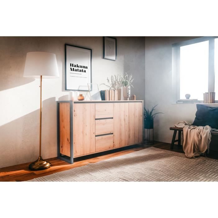 DENVER Buffetkast met 3 deuren en 3 lades - Ambachtelijk eiken decor / Antraciet - L 160 x D 40 x H 88 cm