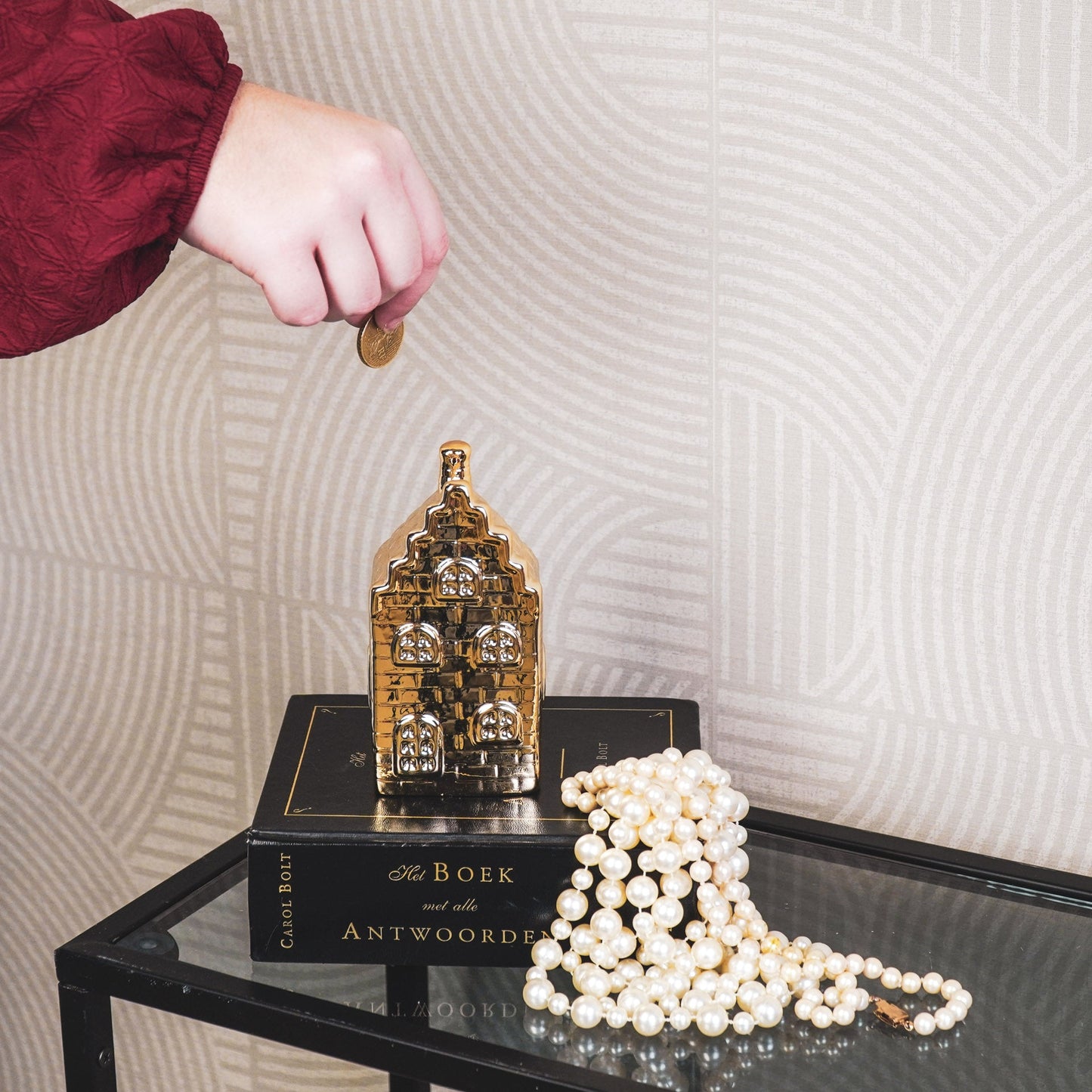 Ornament- Spaarpot - Huis - Keramiek - Goud - 7x7x13cm