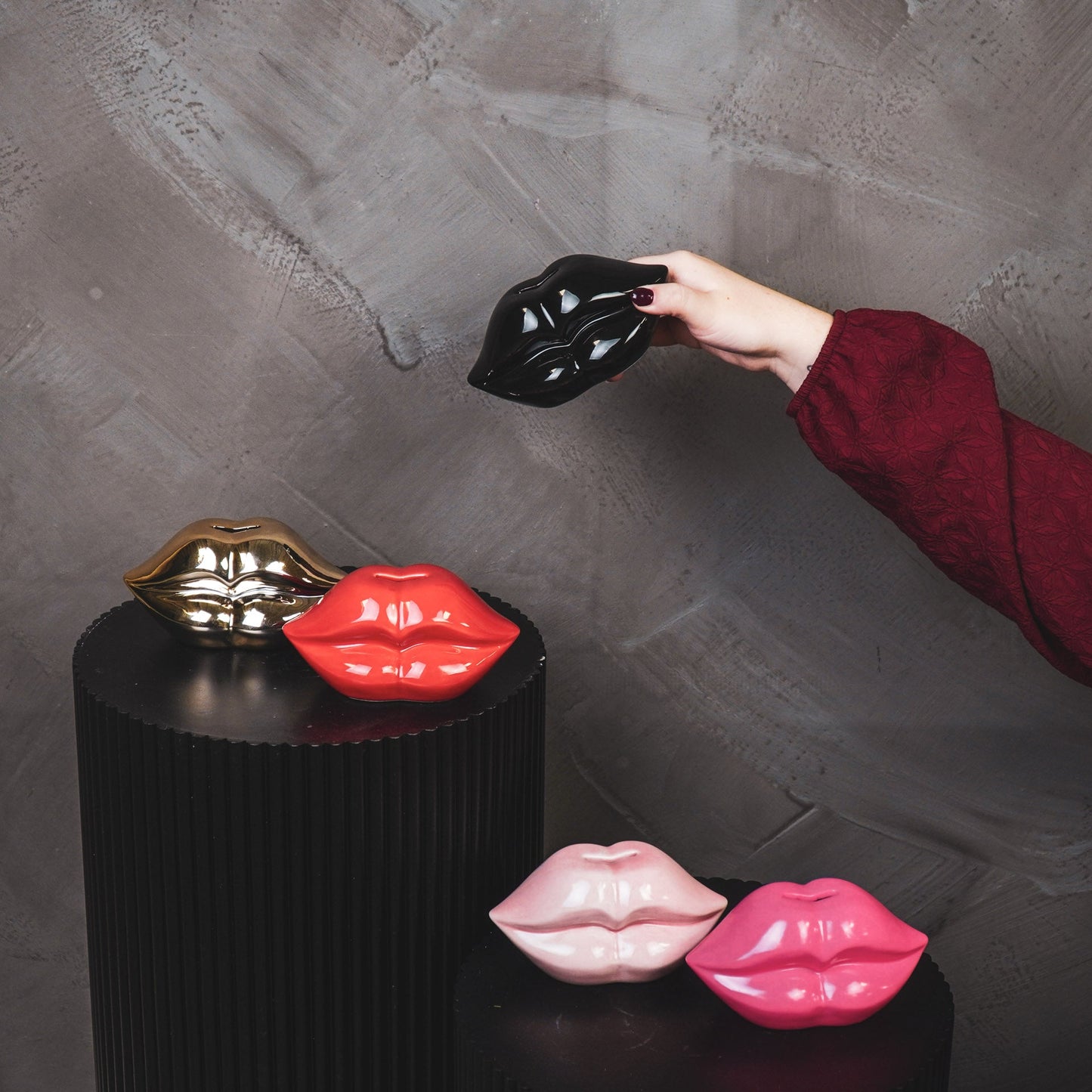 Ornament- Spaarpot - Lip - Keramiek - Zwart - 15x8x8cm