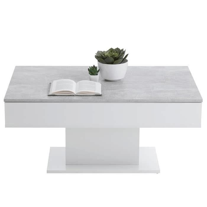 Tweekleurige salontafel met uitschuifbaar blad - LA betongrijs en glanzend wit decor - L100 x H46,1 x D65 cm