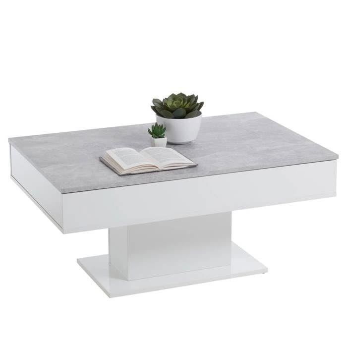 Tweekleurige salontafel met uitschuifbaar blad - LA betongrijs en glanzend wit decor - L100 x H46,1 x D65 cm