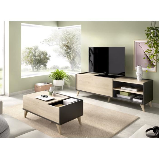 NESS woonkamerset: TV-meubel + Opklapbare salontafel - Melamine - Decor eiken en antraciet