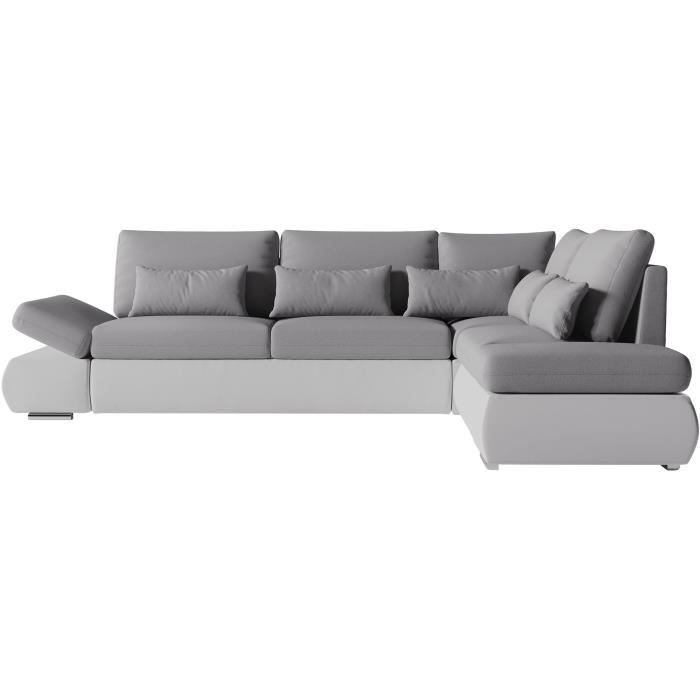 SEVARA 4-zits hoekbank - Wit PU en lichtgrijze stof - Opbergdoos - L267 x D200 x H90 cm