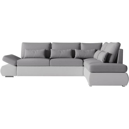 SEVARA 4-zits hoekbank - Wit PU en lichtgrijze stof - Opbergdoos - L267 x D200 x H90 cm