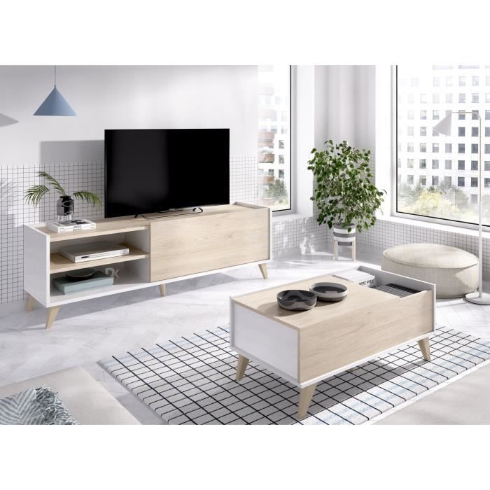 NESS woonkamerset: TV-meubel + Opklapbare salontafel - Melamine - Licht eiken en wit decor