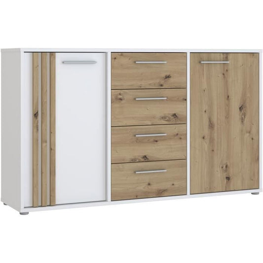 DRESSOIR CARDIGAN 2 deuren, 4 laden - Artisan eiken en wit decor - L142,6 x D34,2 x H82,3 cm - Metalen handgrepen met aluminium effect
