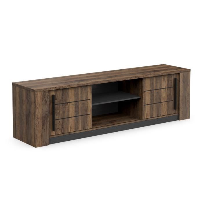 MONACO TV-meubel - 2 schuifdeuren + 3 planken - Eiken en zwart houtdecor - L184,5 x D42,3 x H51,8 cm - DEMEYERE