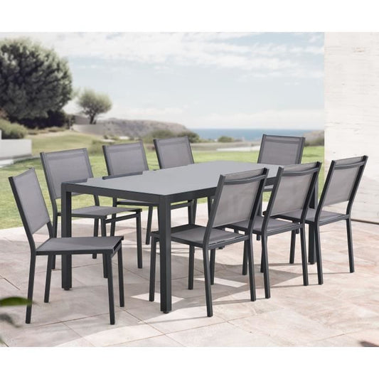 Tuinset: tafel van 180 cm + 8 stoelen - Aluminium structuur - Blad van gehard glas - Grijs