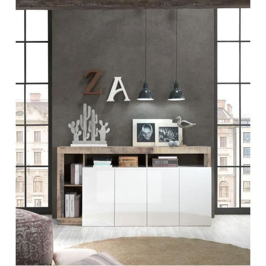 Dressoir met 4 deuren - glanzend gelakt wit en vintage houtimitatie - L 184 x D 42 x H 93 cm - MAESTRO