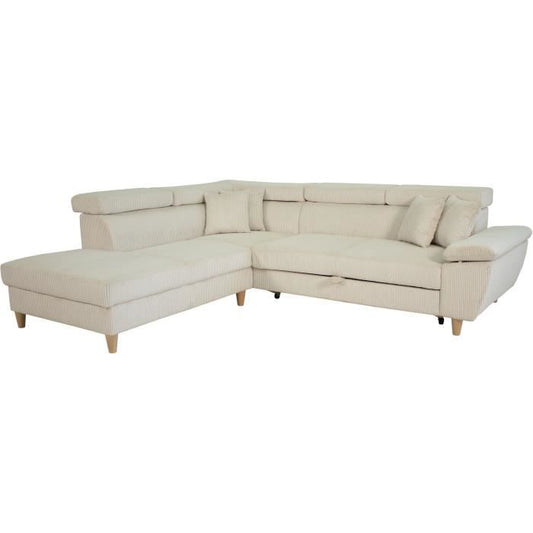 WESTON 4-zits slaapbank - Beige ribfluweel - Verstelbare hoofdsteunen - 259 x 227 x 77/92 cm