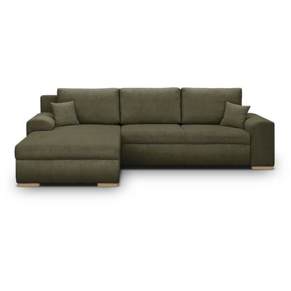 INDIAN hoekbank met 5 zitplaatsen - Khakigroene corduroy stof - Opbergvak - 289 x 94/188 x 88 cm