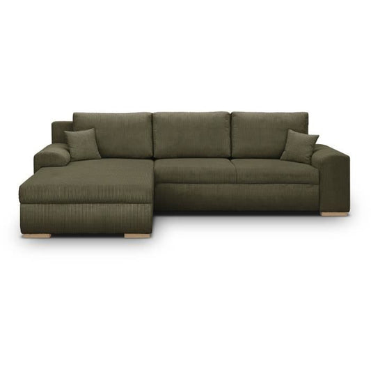 INDIAN hoekbank met 5 zitplaatsen - Khakigroene corduroy stof - Opbergvak - 289 x 94/188 x 88 cm