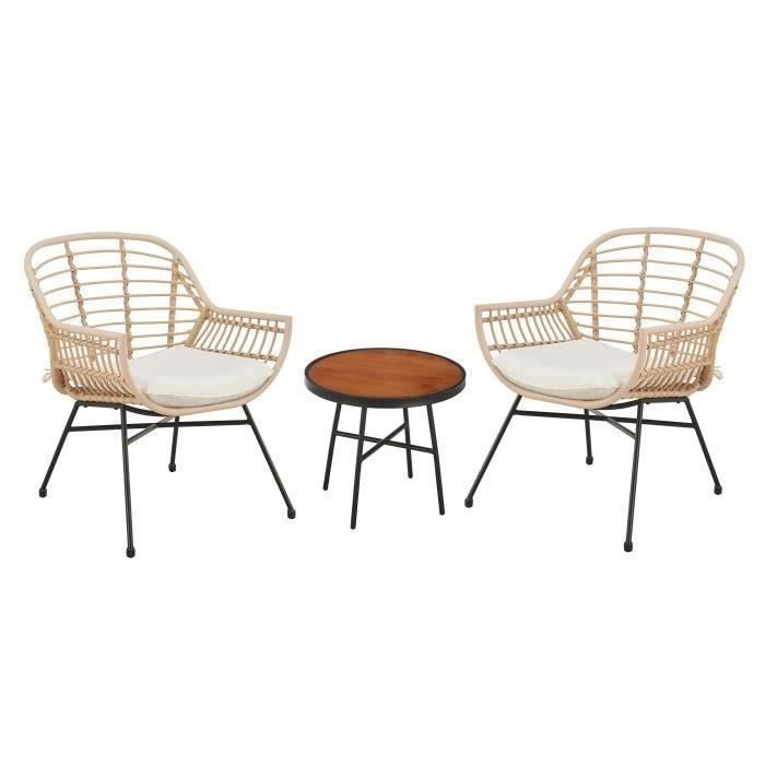 SUMATRA tuinmeubelen: salontafel + 2 fauteuils - Ecru geweven hars