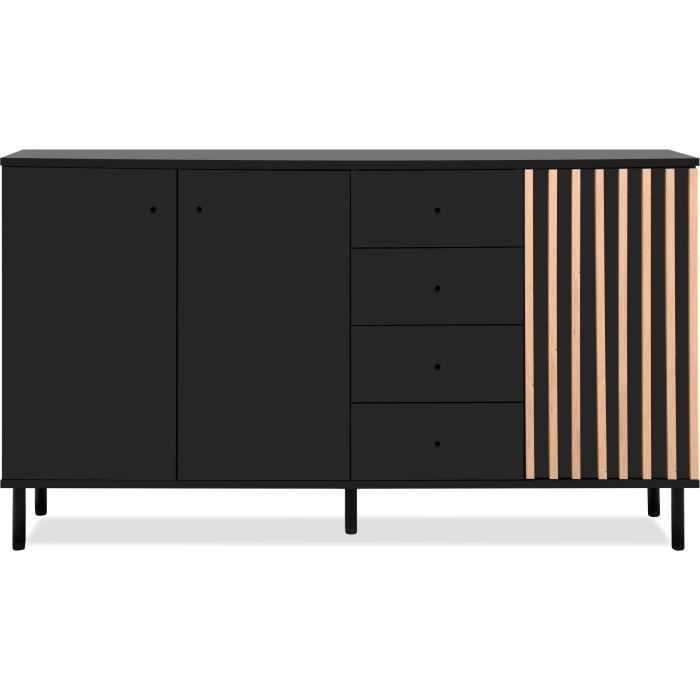 Dressoir - MONZA - Zwart decor / ambachtelijk eikenhout - 3 deuren - 4 laden - 160 x 90 x 40 cm