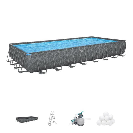 BESTWAY bovengrondse buisvormige zwembadset - APX 365 - 956 x 488 x 132 cm - Rechthoekig (zandfilter, 500g polysphere, ladder, afdekking)